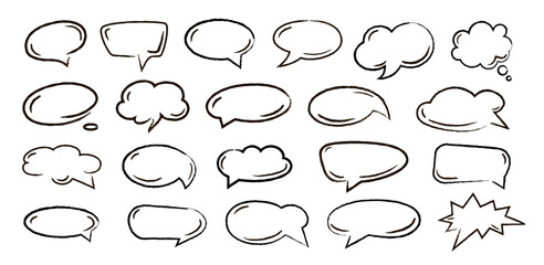 Empty black hand drawn grunge charcoal, chalk speech bubbles in doodle style isolated on white background. Balloon vector outline illustration for meme, poster, tag, banner, hashtag, dialogue