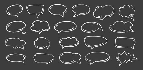 Empty black hand drawn grunge charcoal, chalk speech bubbles in doodle style isolated on black background. Balloon vector outline illustration for meme, poster, tag, banner, hashtag, dialogue