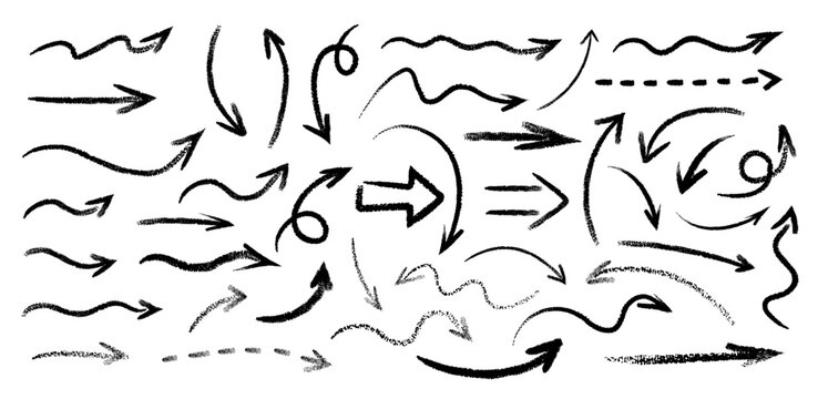 Set of black hand drawn grunge doodle spiral and curved charcoal, chalk arrows on white background. Scribble symbols of direction pointers, swirl arrow elements for infographic design