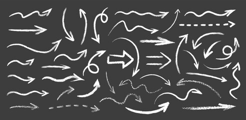 Set of hand drawn grunge doodle spiral and curved white chalk arrows on black background. Scribble symbols of direction pointers, swirl arrow elements for infographic design
