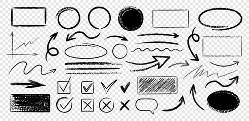 Set of black hand drawn grunge doodle spiral charcoal, chalk arrows, stamp, abstract shapes. Scribble symbols of direction pointers, swirl arrow elements for infographic design