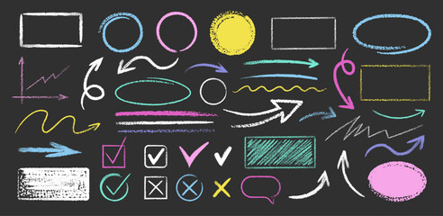 Set of colorful hand drawn grunge doodle curved charcoal, chalk arrows, stamp, abstract shapes on black background. Scribble symbols of direction pointers, swirl arrow elements for infographic 