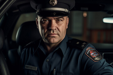Obraz premium Fictional person Police man woman made with Ai generative technology serious face expression