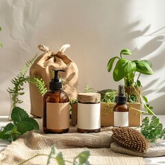 Various eco-friendly skincare products displayed amidst green plants and sunlight, with shadows casting on a textured backdrop.
