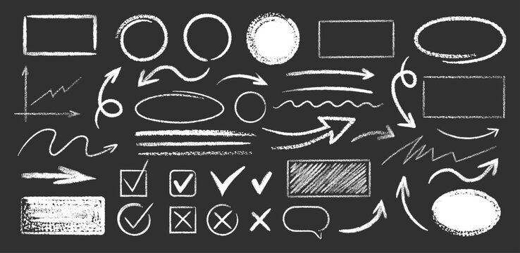 Set of white hand drawn grunge doodle spiral and curved charcoal, chalk arrows, abstract shapes on black background. Scribble symbols of direction pointers, swirl arrow elements for infographic design