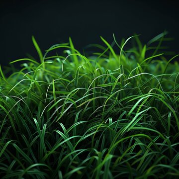 3D render of a close up green grass texture against a dark background, rendered in Octane, with high resolution photographic quality, insanely detailed and intricate, featuring dramatic lighting, avai