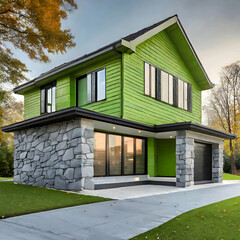 modern house in the park.a newly built modern home characterized by vibrant lime green siding and accents of natural stone wall trim. The absence of a garage lends a minimalist touch to the design, ac