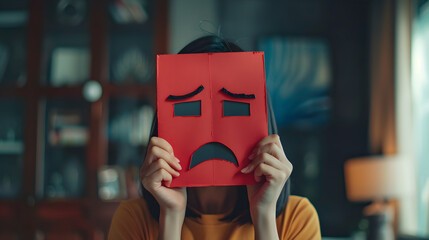 A woman holding a red paper with a sad face as a gesture of sorrow and emotion