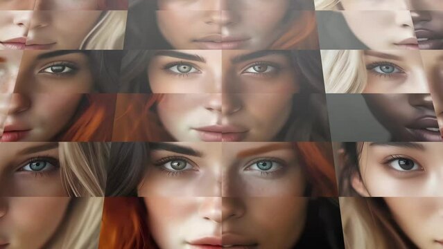 Human female faces composition timelapse. Diversity and uniqueness concept. Close up on faces looking into the camera