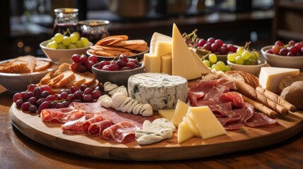 A platter showcasing an array of cheeses, meats, and grapes