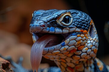 Blue Tongue Skink: Tongue flicking out to taste the air, highlighting its unique feature.