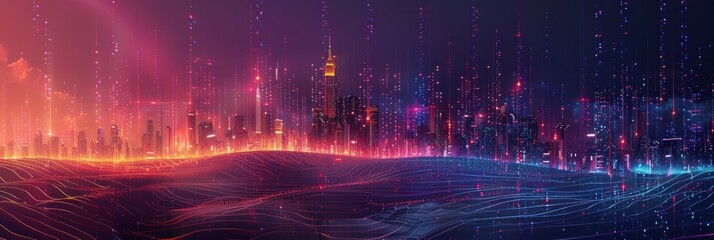Cityscape at night, illuminated by the glow of data connections, symbolizing the integration of technology into urban life
