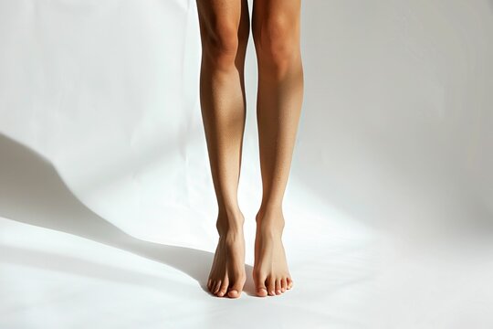 Barefoot woman standing in front of a white background, showcasing her legs and feet
