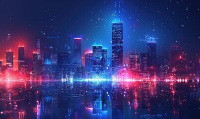 Nighttime city skyline adorned with a digital network of data connections, showcasing the beauty of technological integration