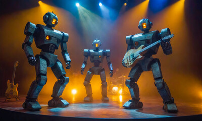 A group of robots performs on the stage of a concert hall.