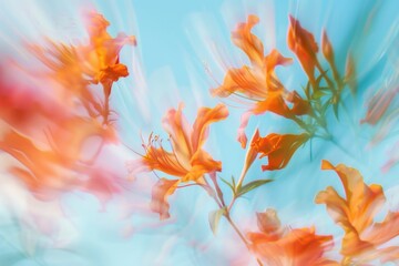 Vibrant orange flowers under clear blue sky with a softfocus background of the same flowers