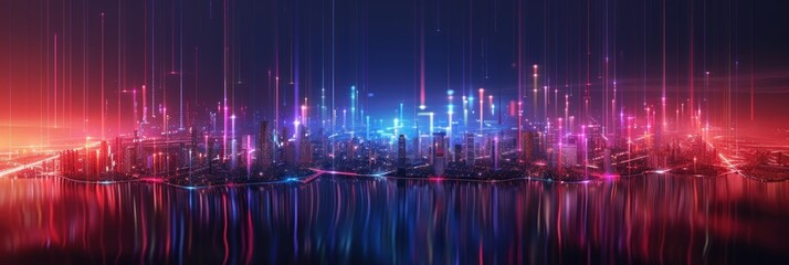 Smart city and abstract dot point connect with gradient line and aesthetic Intricate wave line design , big data connection technology concept, night city banner with big data