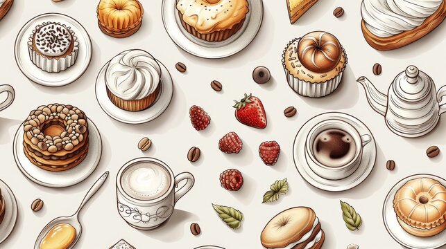Decorative seamless pattern featuring coffee brewing utensils and sweet desserts. Modern illustration in linear style for wrapping paper, textile prints, wallpapers.