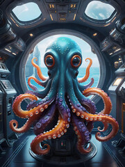 alien octopus inside a spaceship, generative ai illustration, science fiction scenery