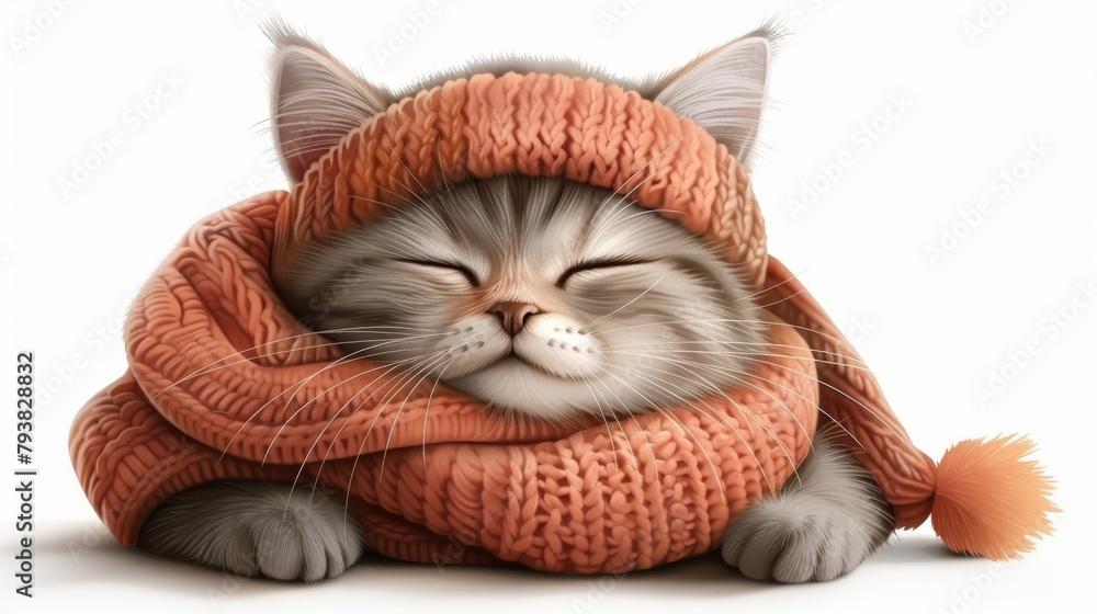 Wall mural A cute cat in a warm sweater flat modern illustration. Sleeping kitty wearing cozy autumn clothing stylized design element isolated on white. Sketch of cartoon cat t-shirt design.