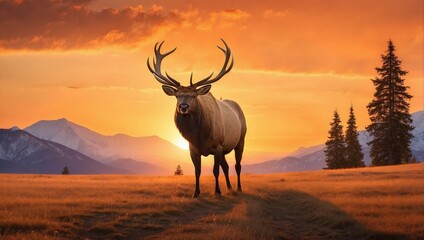  A bull elk walking into a deep orange sunset5100