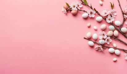 Colorful Easter eggs with cherry blossoms flat lay on pink background. 