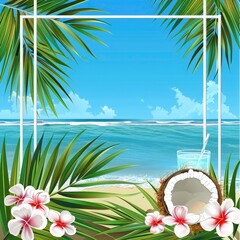 Realistic frame for summer time season. Tropical summer background, a beach with palm leaves, flowers and a coconut cocktail on a blue sea background 