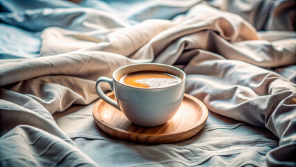 Mug with coffee on bed background