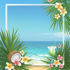 Fototapeta na wymiar Realistic frame for summer time season. Tropical summer background, a beach with palm leaves, flowers and a coconut cocktail on a blue sea background 