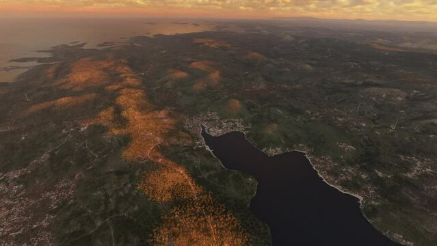 Top aerial view at sunset of the coast of Marina in Split-Dalmatia. Croatia