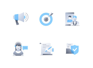 Business communication and information - flat design style icons set. High quality colorful images of loudspeaker, target, video call, call center manager, document signing, data and file protection