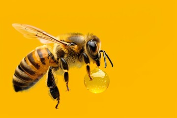 bee and jar of honey on a yellow background. Macro. Close-up