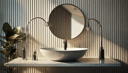 Sleek Sophistication: Modern Bathroom Sink with Wall-Mounted Faucets and Round Mirror in a Minimalist Interior (3D Render)"