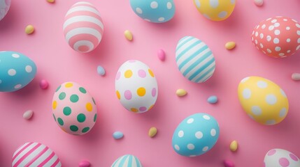Fototapeta na wymiar Colorful Easter Eggs with Polka Dots on Pink Background in Spring Decoration Concept