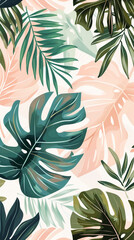 Vibrant tropical leaves in shades of green and pink create an artistic jungle atmosphere, ideal for backgrounds or wallpapers.