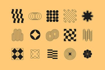 Complex geometric shapes in retro vibe - flat design style icons set. High quality black images of lines, waves, squares, circles, floral silhouette, symmetrical patterns, grid, wavy and looping form