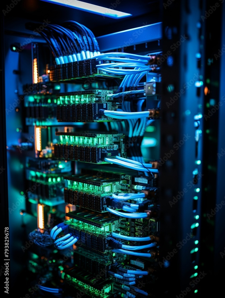 Poster closeup view of a server rack with fiber optic cables and network switches highlighting network infr