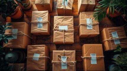 Atop down view of a bunch of wrapped presents on a wooden floor. - obrazy, fototapety, plakaty