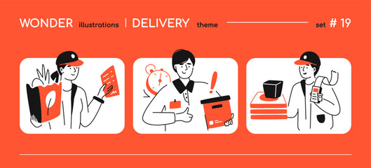 Delivery of food and goods - line design style illustration with copy space for text. Composition with courier from grocery store, messenger with box, man brought pizza and cash register with receipt