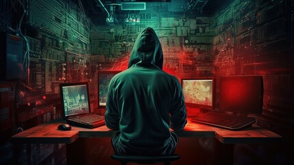 Hooded figure engages in computer hacking activities in a dimly lit room at night