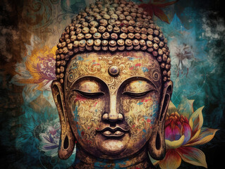 Buddha Face and Lotus Flower. Buddha Art, Illustration. Buddha Statue and Lotuses on acolorful background. Buddha Purnima. Vesak day	