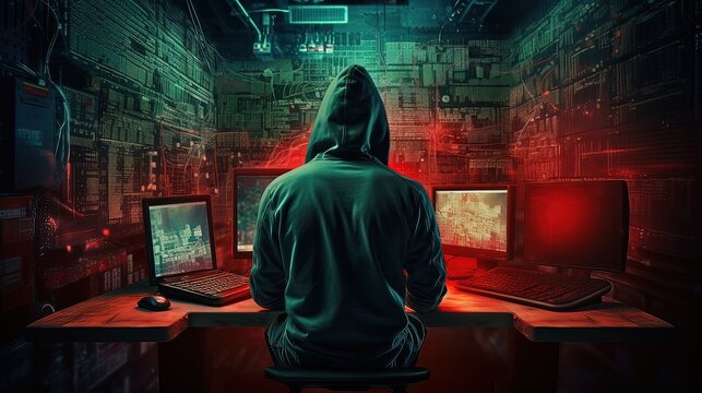 Hooded figure engages in computer hacking activities in a dimly lit room at night - Powered by Adobe