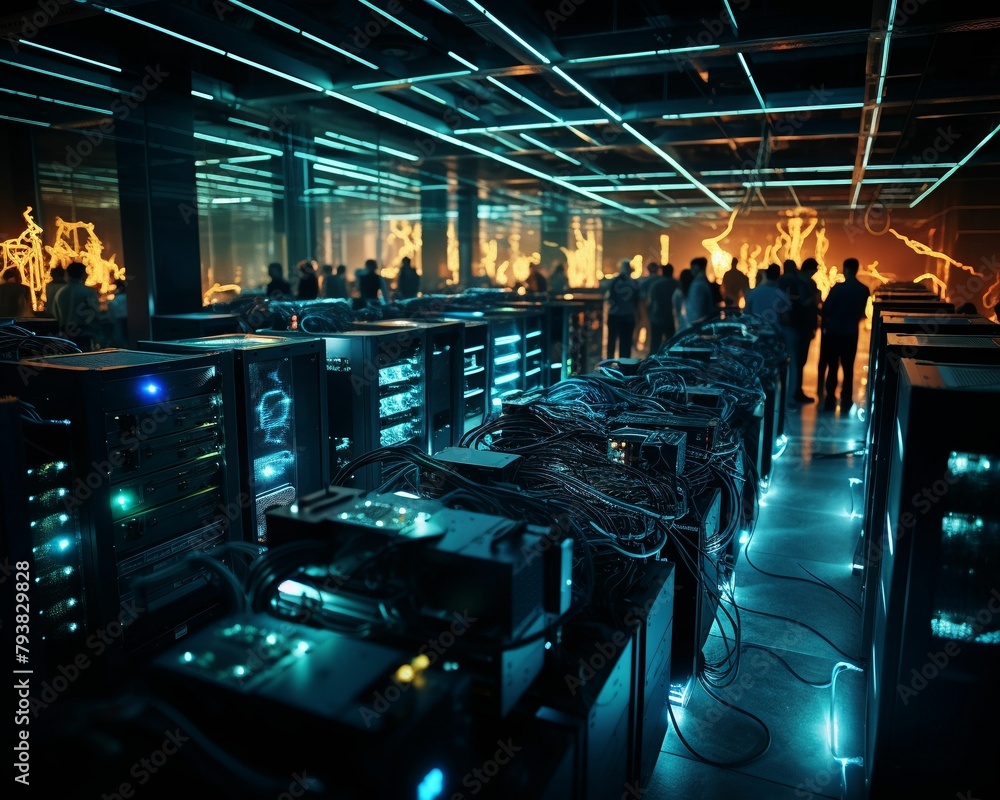 Poster overhead shot of a server room, showcasing rows of servers and complex networking equipment , docume