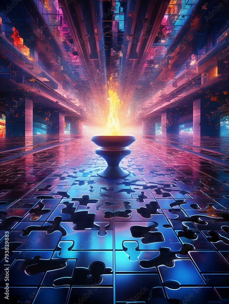 Poster vibrant display of holographic technology, with light effects creating an abstract pattern on surrou