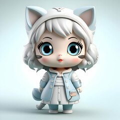 Cute cartoon girl with white fur coat and blue hat   3d rendering