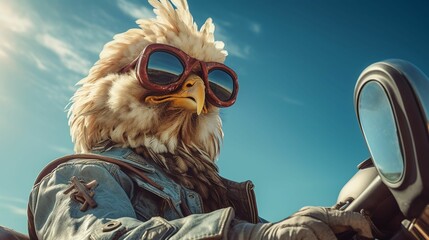 Humorous photo of a chicken piloting a retro motorcycle, side view, clear blue sky background, copy space on left , Double exposure, blend mode - obrazy, fototapety, plakaty