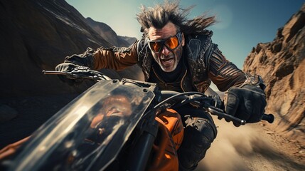Satirical photo of a chicken dressed as a biker, complete with jacket and gloves, riding through a desert landscape , documentary, cinematic lighting, motion blur, angle camera - obrazy, fototapety, plakaty