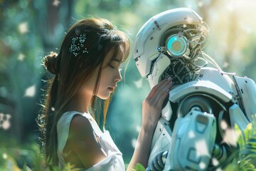 Capture the harmonious relationship between humans and AI in a visually striking and commercially viable imagecommercial use - obrazy, fototapety, plakaty