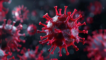 Virus de color rojo vistos a través de un microescopio sobre fondo negro - obrazy, fototapety, plakaty