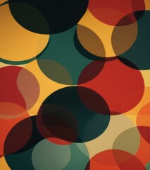 A retro pattern with circles and geometric shapes, in bold colors like reds, yellows, greens, blues, and browns
